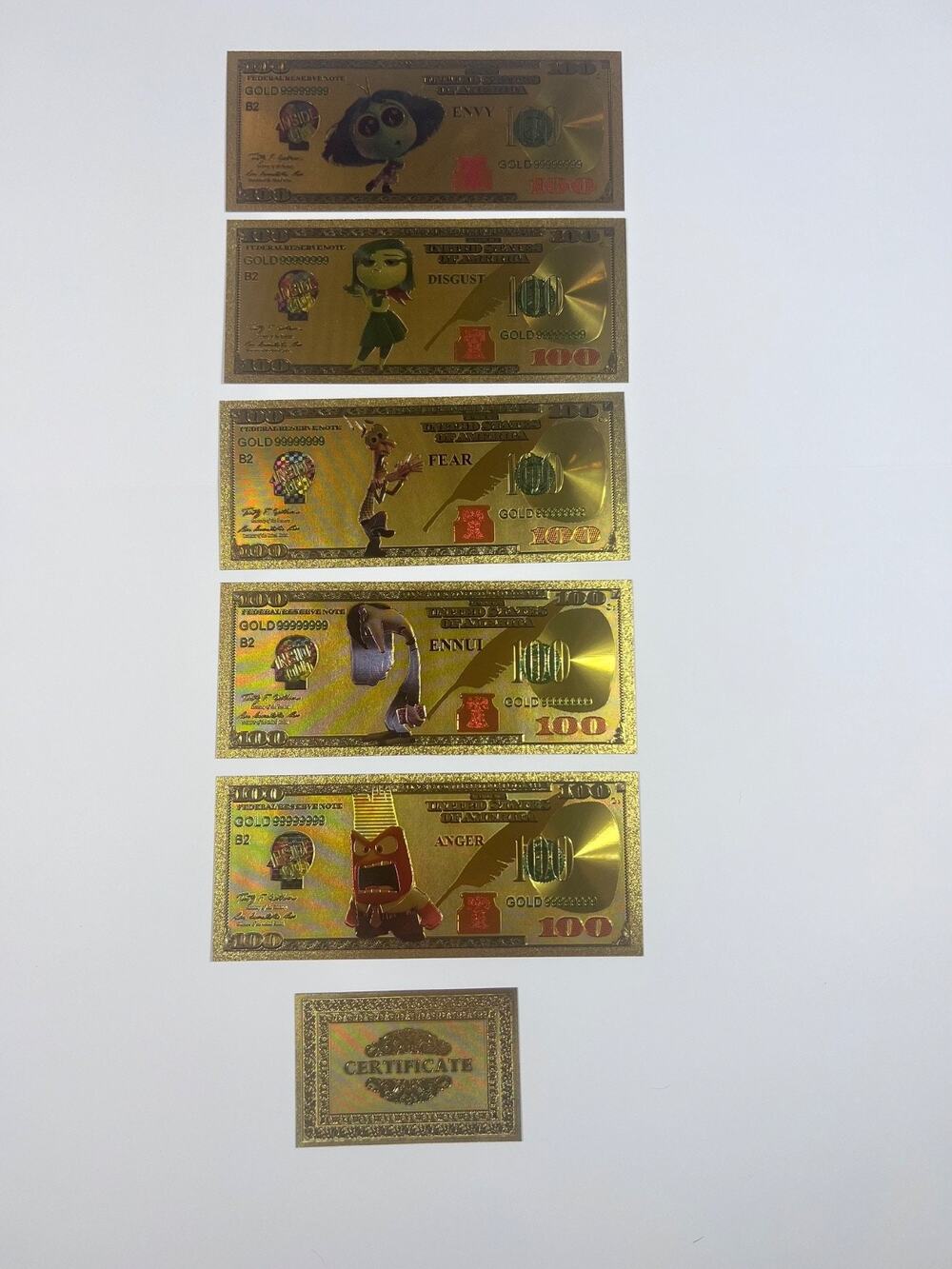24k Gold Foil Inside Out Banknote Disney Set of 5 Pixar Disney Envy, Disgust, et